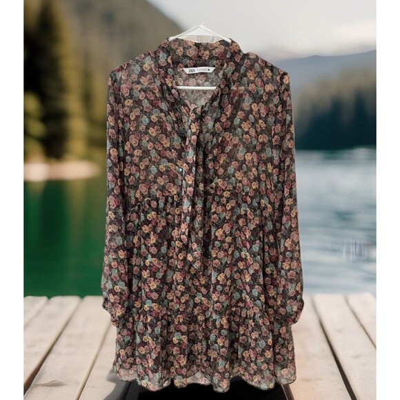 EUC Chic Zara Floral Tiered Mini Dress / Blouse W/ Bow Tie Boho Cottage Core M - Picture 1 of 5